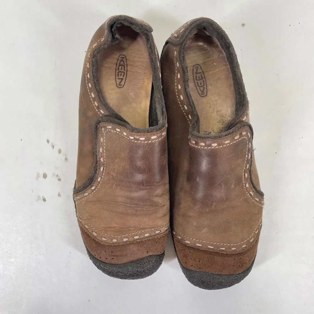 Keen Presidio Brown Leather Suede Slip On Shoes Womens 8.5 Contrast Stitching
